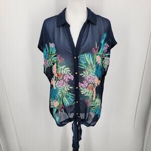 Roz & Ali Blouse Womens 1X Sheer Blue Floral Butterfly Print Button Up Tie Hem